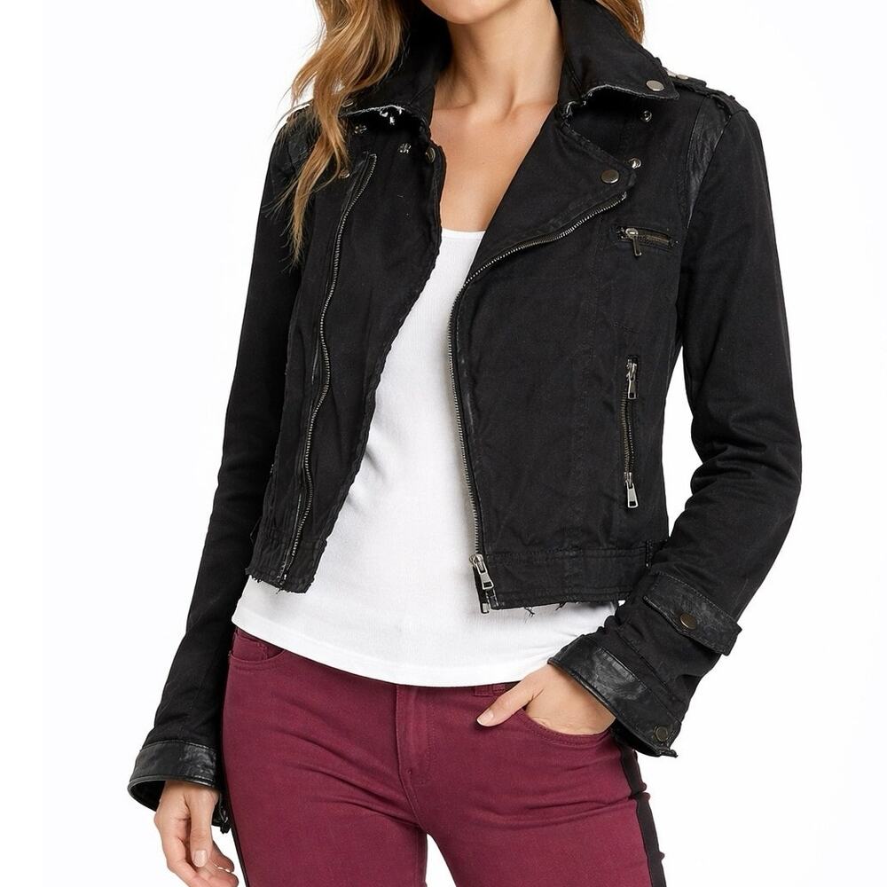 JAKETT New York Josey Black Cotton & Leather Trim Distressed Moto Jacket - Sz XS